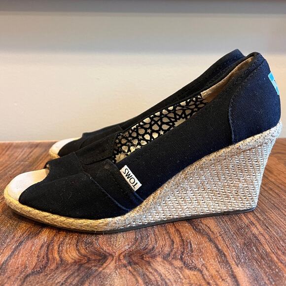TOMS Black Canvas Peep Toe Espadrille Wedge Heels Women's Shoes - Picture 4 of 10